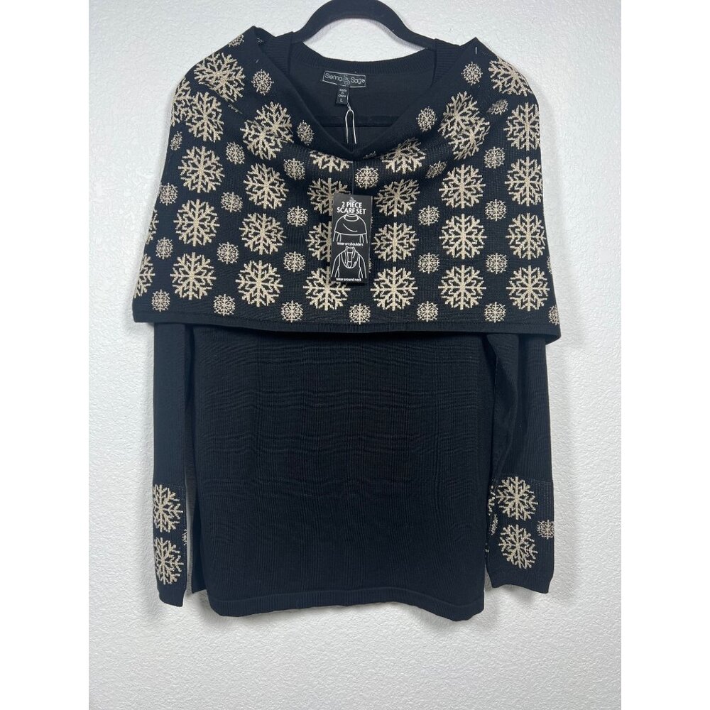 Sierra & Sage Black Snowflake Sweater With Matching Scarf Set, Size-L